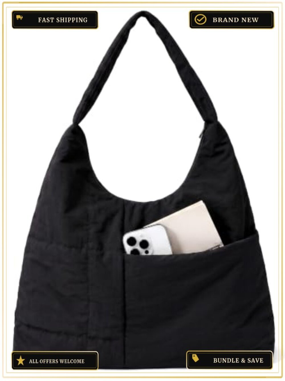 Large Nylon Hobo Bag Crescent Shoulder Bag Slouchy Tote